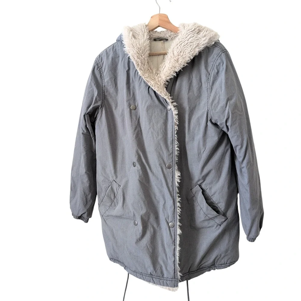 Free People Grey Faux Fur Trim Hooded‎ Parka Jacket Small Oversized Boho Utility